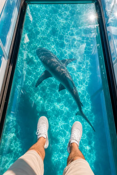 Ride in a glass-bottom boat over a shark tank