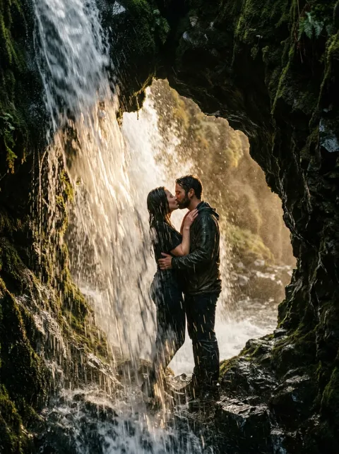 Kiss behind a waterfall.